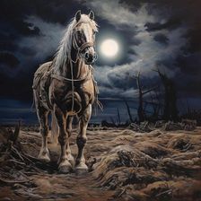 AI IMAGE - Illustration of a horse in a World War 1 battlefield setting, 2023. Creator: Heritage Images