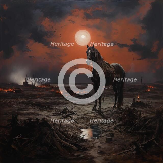 AI IMAGE - Illustration of a horse in a World War I battlefield setting, 2023. Creator: Heritage Images.