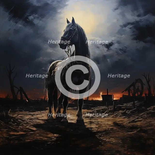 AI IMAGE - Illustration of a horse in a World War I battlefield setting, 2023. Creator: Heritage Images.