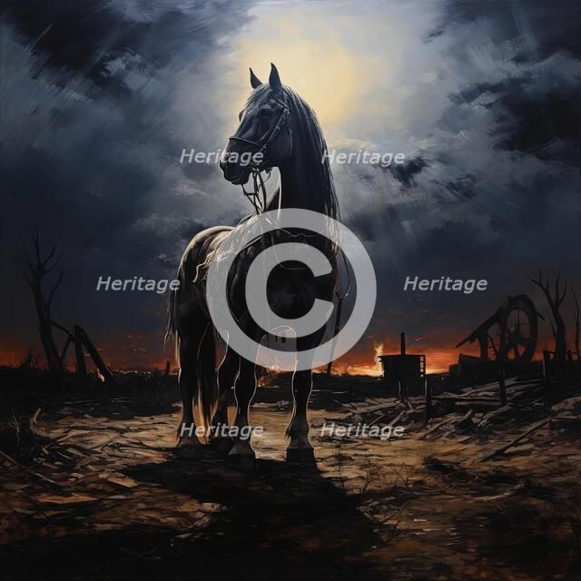 AI IMAGE - Illustration of a horse in a World War I battlefield setting, 2023. Creator: Heritage Images.