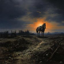 AI IMAGE - Illustration of a horse in a World War I battlefield setting, 2023. Creator: Heritage Images