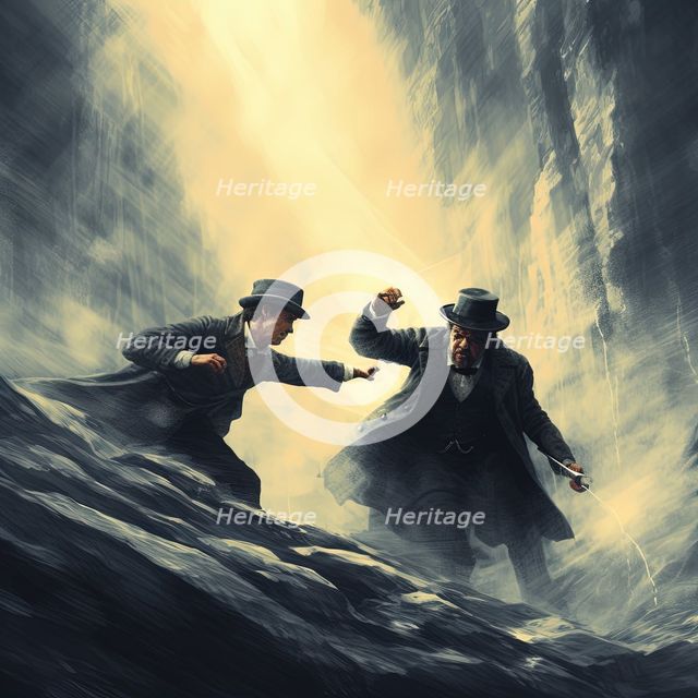 AI IMAGE - Sherlock Holmes and Professor Moriarty fighting on the Reichenbach Falls, 2023. Creator: Heritage Images.