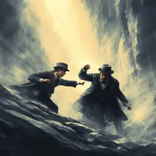 AI IMAGE - Sherlock Holmes and Professor Moriarty fighting on the Reichenbach Falls, 2023. Creator: Heritage Images