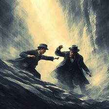 AI IMAGE - Sherlock Holmes and Professor Moriarty fighting on the Reichenbach Falls, 2023. Creator: Heritage Images