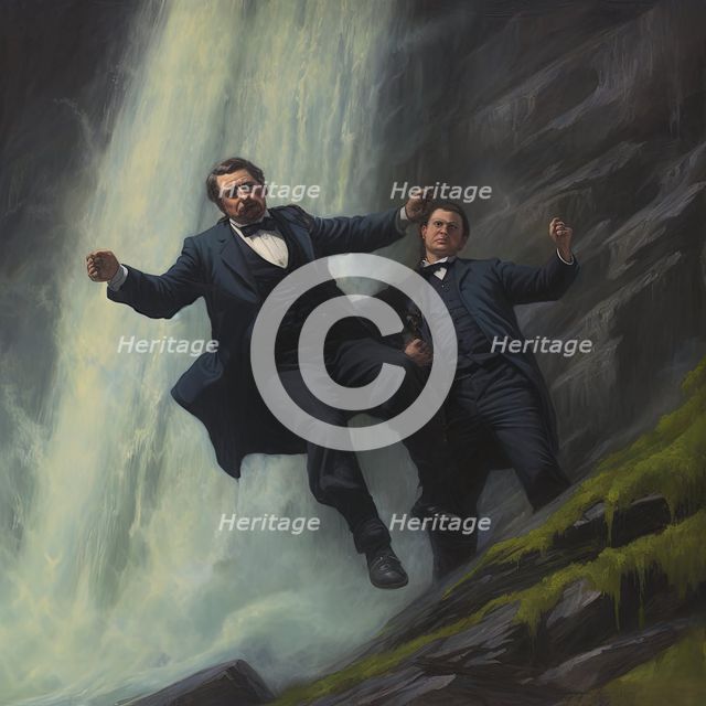 AI IMAGE - Sherlock Holmes and Professor Moriarty fighting on the Reichenbach Falls, 2023. Creator: Heritage Images.