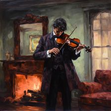 AI IMAGE - Sherlock Holmes playing the violin in his rooms at 221B Baker Street, 2023. Creator: Heritage Images