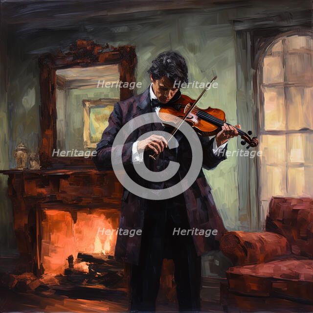 AI IMAGE - Sherlock Holmes playing the violin in his rooms at 221B Baker Street, 2023. Creator: Heritage Images.