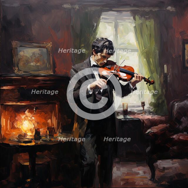 AI IMAGE - Sherlock Holmes playing the violin in his rooms at 221B Baker Street, 2023. Creator: Heritage Images.