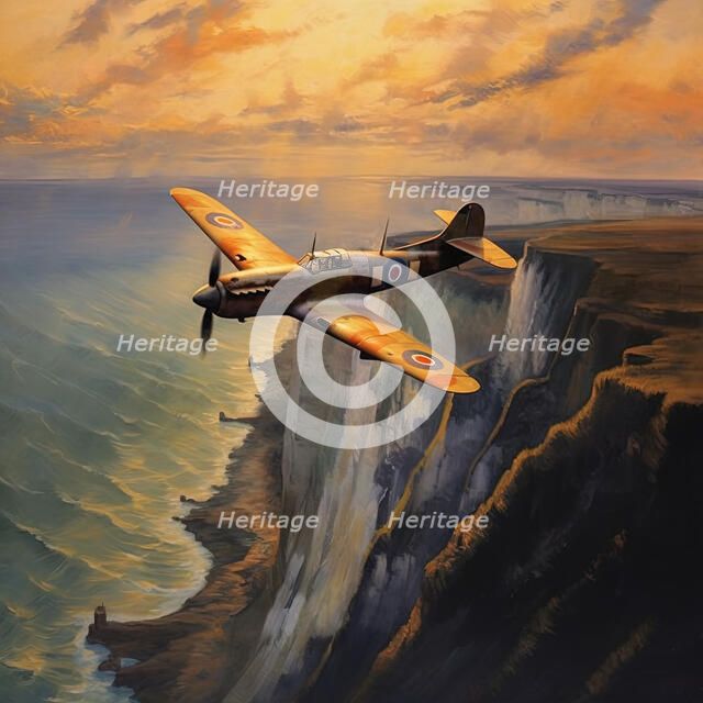 AI IMAGE - Spitfire aircraft flying over the White Cliffs of Dover, 1940s, (2023). Creator: Heritage Images.
