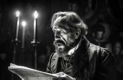 Thumbnail image of AI IMAGE - Portrait of Charles Dickens performing a public reading, c1860s, (2023).  Creator: Heritage Images.