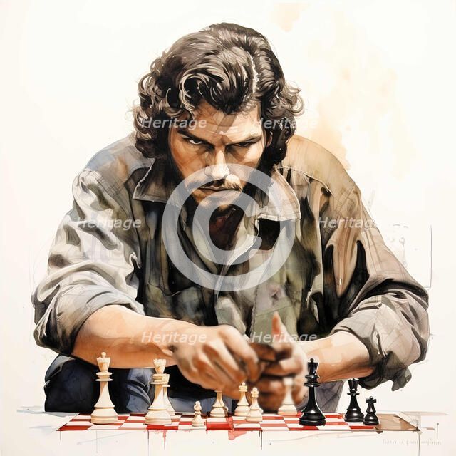 AI IMAGE - Portrait of Che Guevara playing chess, 1960s, (2023). Creators: Heritage Images, Che Guevara.