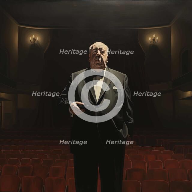 AI IMAGE - Portrait of Alfred Hitchcock in the cinema, 1970s, (2023). Creator: Heritage Images.