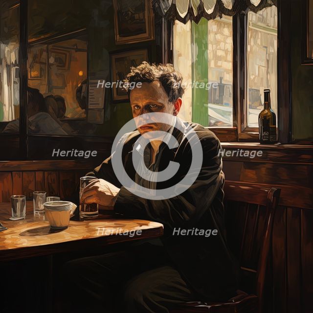 AI IMAGE - Portrait of Dylan Thomas sitting in a pub, 1950s, (2023). Creator: Heritage Images.