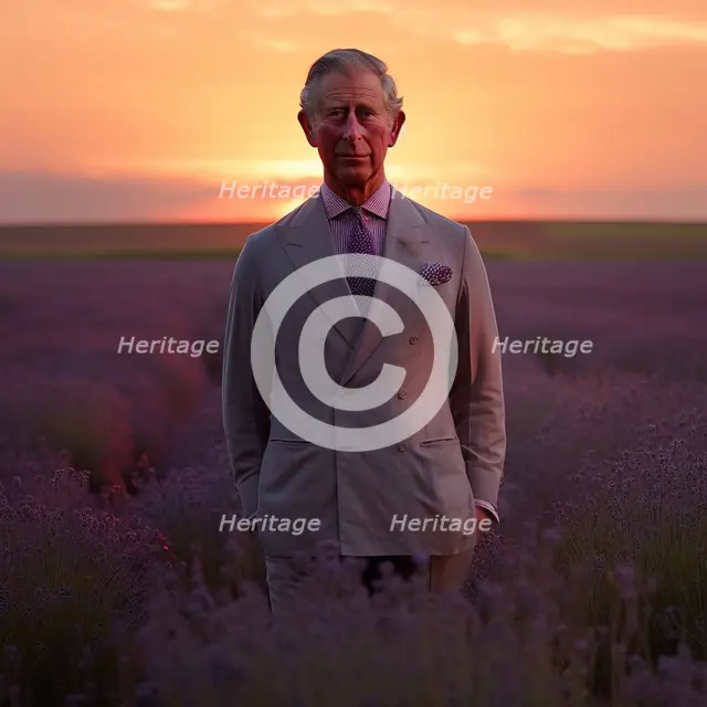 AI IMAGE - Portrait of King Charles III standing in a lavender field, 2023. Creator: Heritage Images.