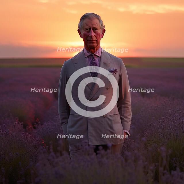 AI IMAGE - Portrait of King Charles III standing in a lavender field, 2023. Creator: Heritage Images.