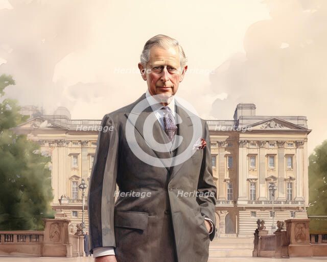 AI Image - Portrait of King Charles III standing in front of Buckingham Palace, 2023. Creator: Heritage Images.