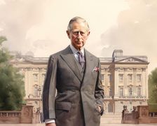 AI Image - Portrait of King Charles III standing in front of Buckingham Palace, 2023. Creator: Heritage Images