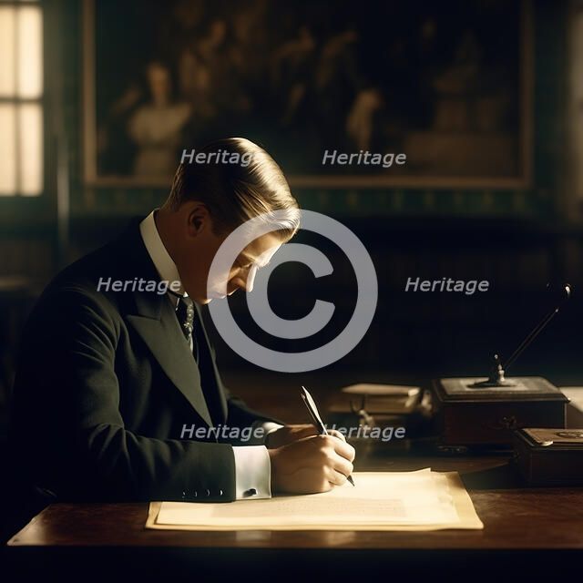 AI IMAGE - Portrait of King Edward VIII signing the Instrument of Abdication, 1936, (2023).  Creator: Heritage Images.