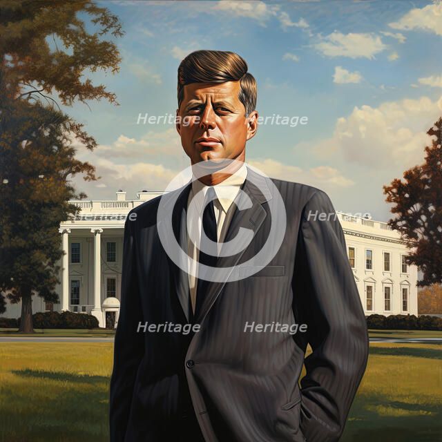 AI IMAGE - Portrait of John F Kennedy standing in front of the White House, 1960s, (2023). Creator: Heritage Images.