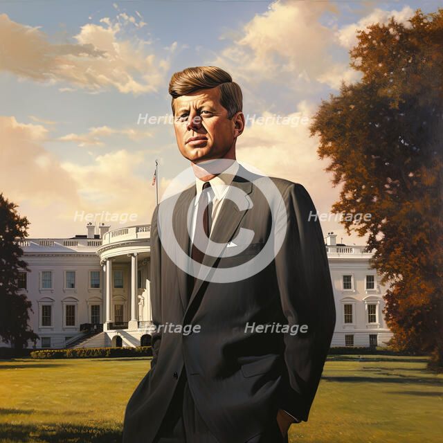 AI IMAGE - Portrait of John F Kennedy standing in front of the White House, 1960s, (2023). Creator: Heritage Images.
