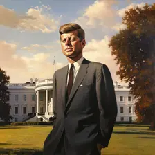 AI IMAGE - Portrait of John F Kennedy standing in front of the White House, 1960s, (2023). Creator: Heritage Images