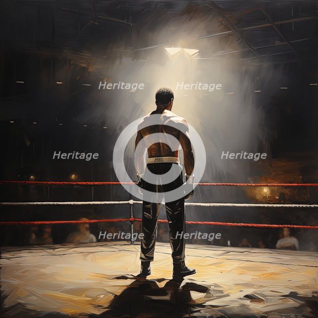 AI IMAGE - Portrait of Muhammad Ali standing in a boxing ring, 1960s, (2023). Creator: Heritage Images.