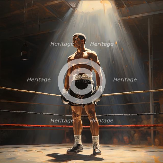 AI IMAGE - Portrait of Muhammad Ali standing in a boxing ring, 1960s, (2023). Creator: Heritage Images.