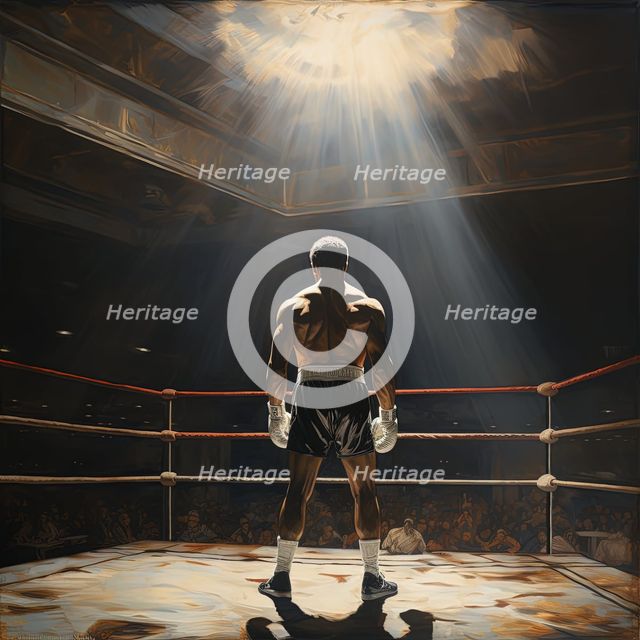 AI IMAGE - Portrait of Muhammad Ali standing in a boxing ring, 1960s, (2023). Creator: Heritage Images.