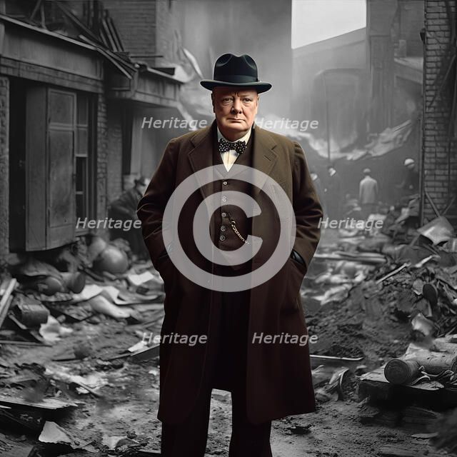 AI IMAGE - Portrait of Sir Winston Churchill standing in bomb-damaged London street, 1940s, (2023). Creator: Heritage Images.