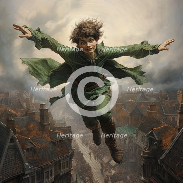 AI IMAGE - Portrait of Peter Pan flying over houses, 2023. Creator: Heritage Images.