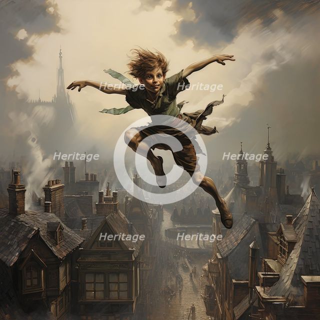 AI IMAGE - Portrait of Peter Pan flying over houses, 2023. Creator: Heritage Images.