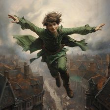AI IMAGE - Portrait of Peter Pan flying over houses, 2023. Creator: Heritage Images