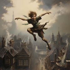 AI IMAGE - Portrait of Peter Pan flying over houses, 2023. Creator: Heritage Images
