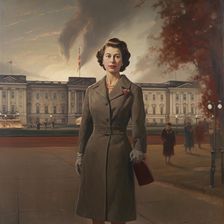 AI IMAGE - Portrait of Princess Elizabeth in front of Buckingham Palace, 1950s, (2023). Creator: Heritage Images