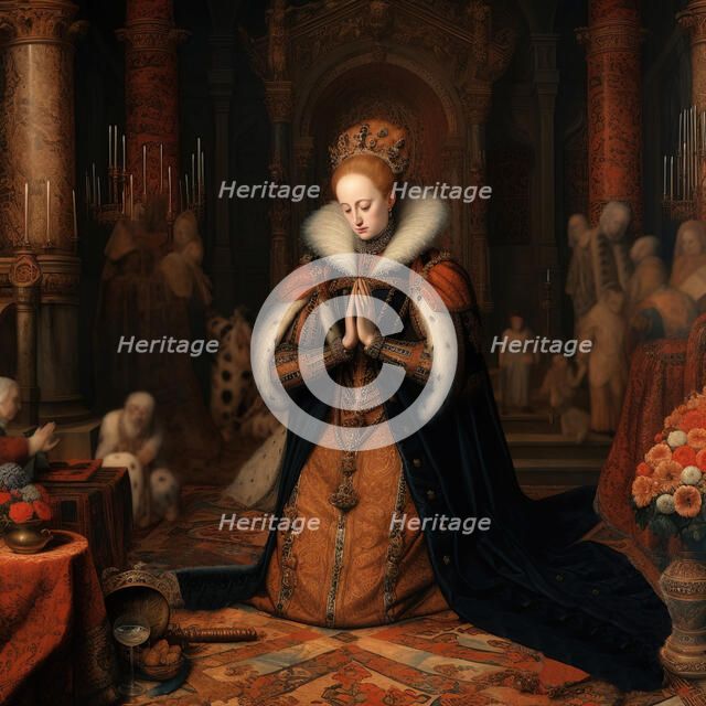 AI IMAGE - Portrait of Queen Elizabeth I in prayer, 16th century, (2023). Creator: Heritage Images.