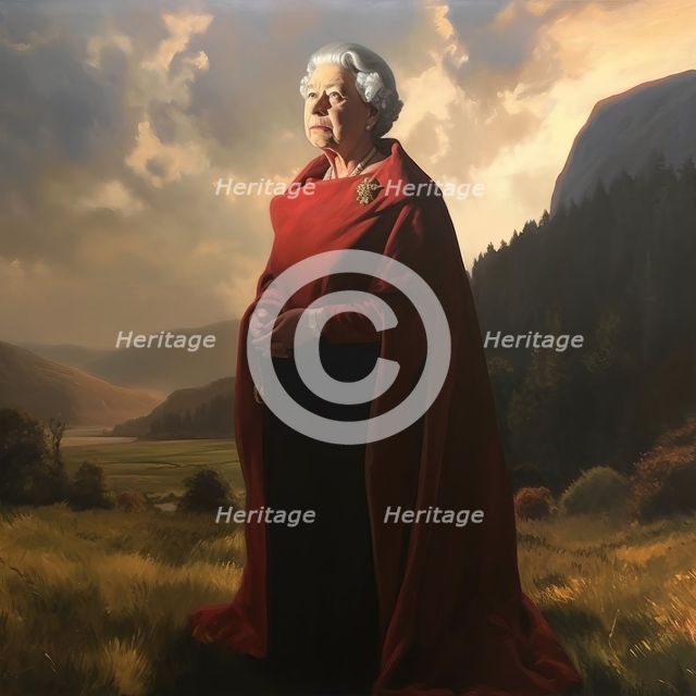AI IMAGE - Portrait of Queen Elizabeth II in a Highland setting, 2000s, (2023). Creator: Heritage Images.