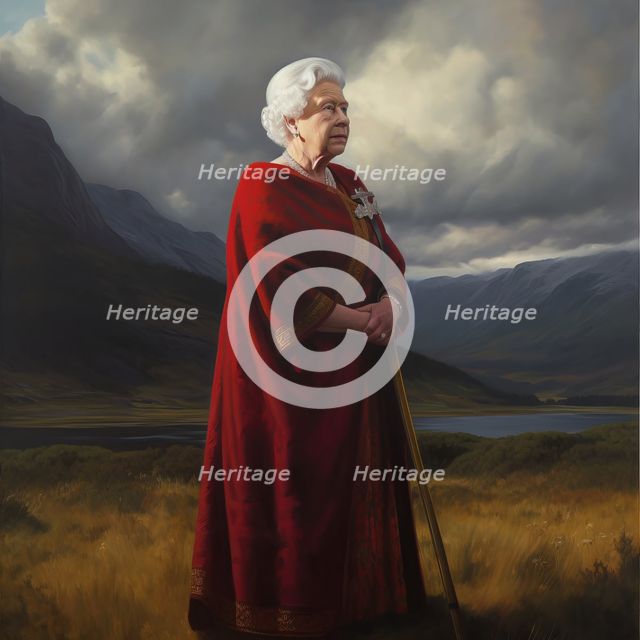 AI IMAGE - Portrait of Queen Elizabeth II in a Highland setting, 2000s, (2023). Creator: Heritage Images.