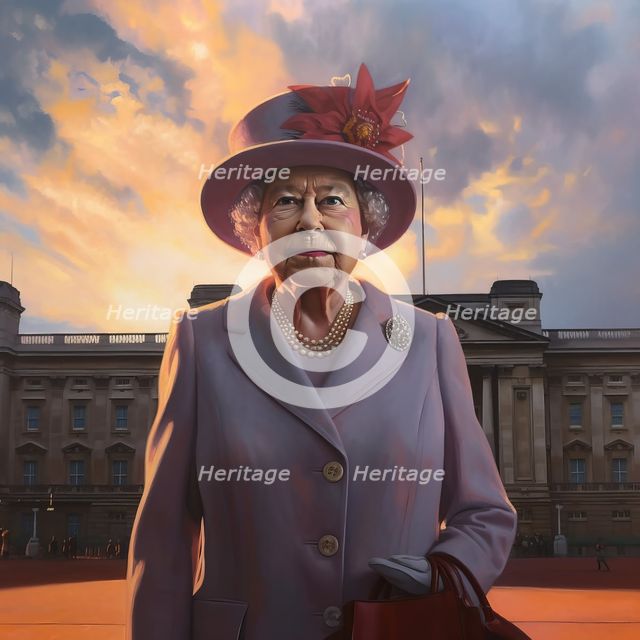 AI IMAGE - Portrait of Queen Elizabeth II in front of Buckingham Palace, 2000s, (2023). Creator: Heritage Images.