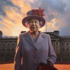 AI IMAGE - Portrait of Queen Elizabeth II in front of Buckingham Palace, 2000s, (2023). Creator: Heritage Images