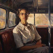 AI IMAGE - Portrait of Rosa Parks sitting on a bus, 1950s, (2023). Creator: Heritage Images
