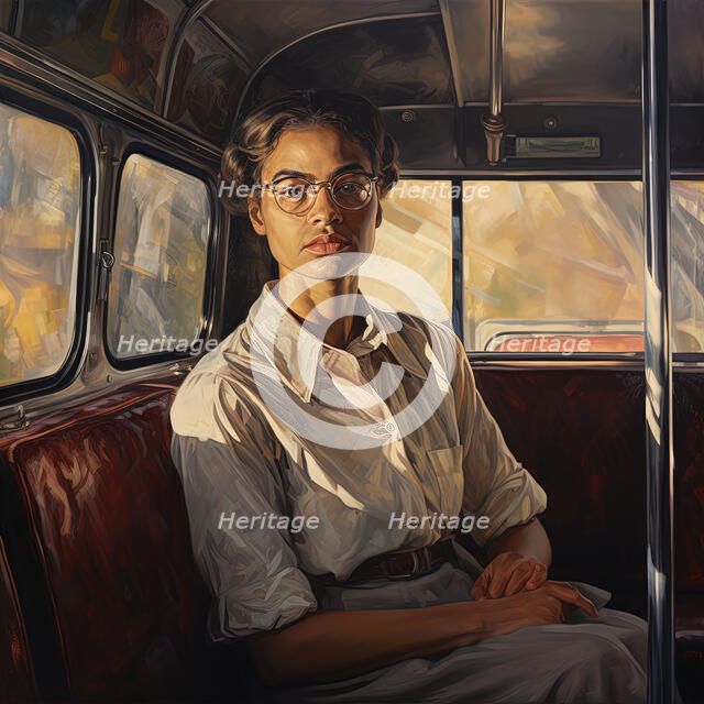 AI IMAGE - Portrait of Rosa Parks sitting on a bus, 1950s, (2023). Creator: Heritage Images.