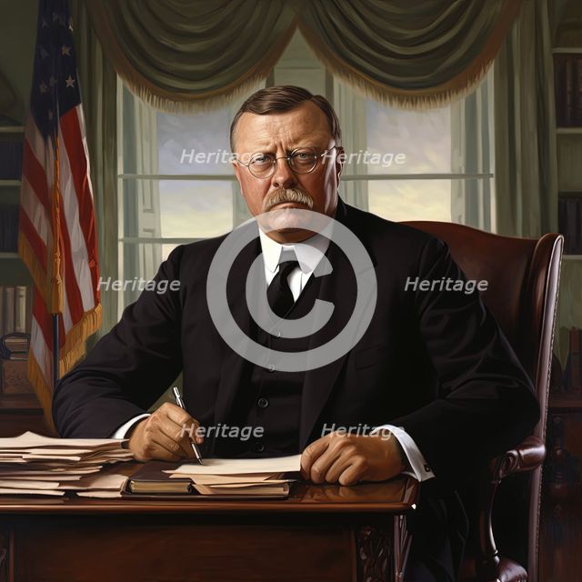 AI IMAGE - Portrait of Theodore Roosevelt sitting at his desk in the White House, 1900s, (2023).  Creator: Heritage Images.