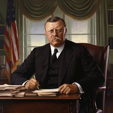 AI IMAGE - Portrait of Theodore Roosevelt sitting at his desk in the White House, 1900s, (2023). Creator: Heritage Images