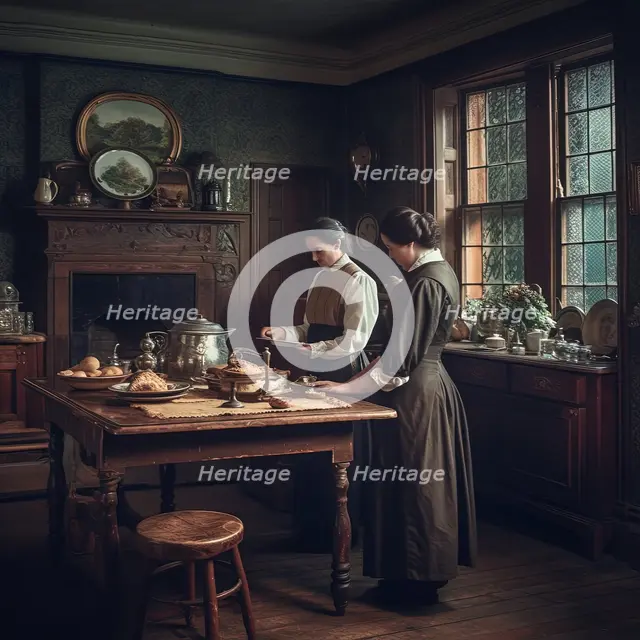 AI IMAGE - Victorian period kitchen with housekeeper and maid, 2023. Creator: Heritage Images.