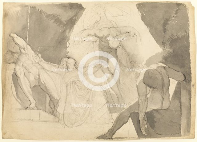Aided by Eeriboia, Hermes Carries Off the Exhausted Ares from the Sleeping Sons..., 1819. Creator: Henry Fuseli.