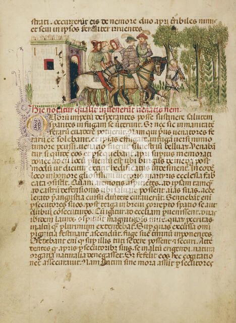 Aimo and Vermondo Riding Out to the Hunt; Legenda Venerabilium..., about 1400. Creator: Anovelo da Imbonate.