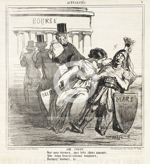 Air Connu. Dormez, dormez...mes très chèrs amours, que nous boursicotions toujours..., 1859. Creator: Cham.