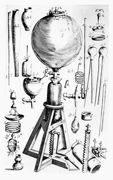 Air pump built for Robert Boyle by Robert Hooke, 1660. Creator: Unknown