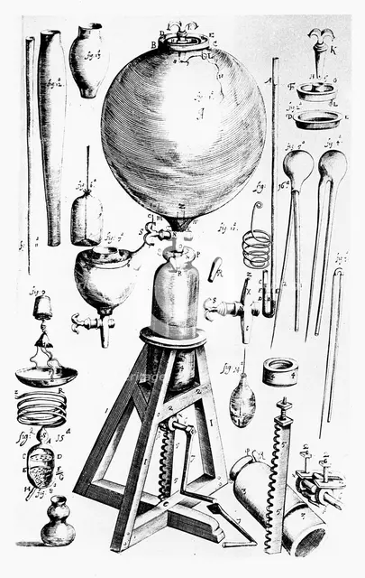Air pump built for Robert Boyle by Robert Hooke, 1660. Creator: Unknown.