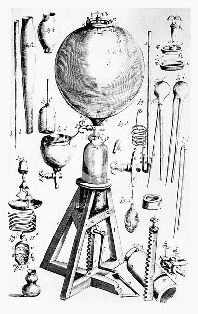 Air pump built for Robert Boyle by Robert Hooke, 1660. Creator: Unknown.